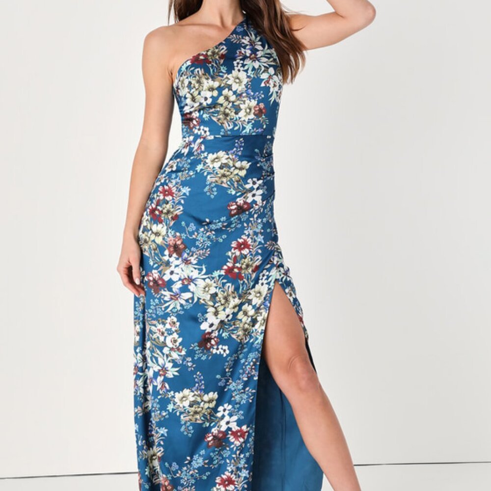Ready for the Romance Blue Floral Satin One-Shoulder Maxi Dress! This breathtaki